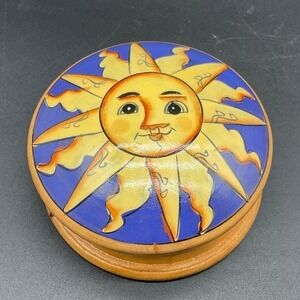 Vintage Celestial‎ Sun Face Wood Trinket Box Blue Gold Rays Folk Art Style